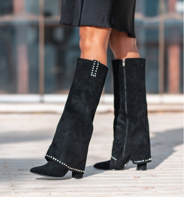 women's black boots, with flap, small studs and heels