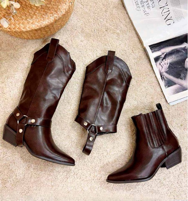 chocolate brown cowboy boots, detachable, can be worn as a high top boot or can be removed and used as an ankle boot.