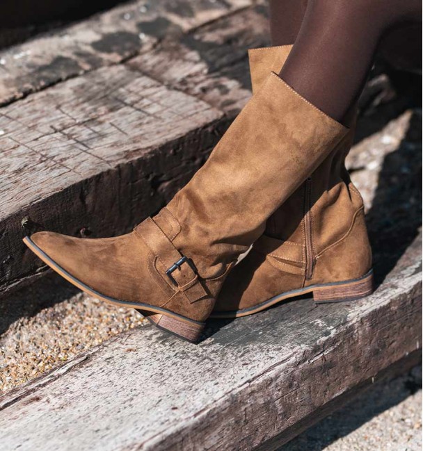 Camel high boots with buckle. Suede-like textile material. Camper boots