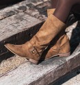 Camel high boots with buckle. Suede-like textile material. Camper boots