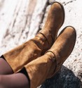 Camel high boots with buckle. Suede-like textile material. Camper boots