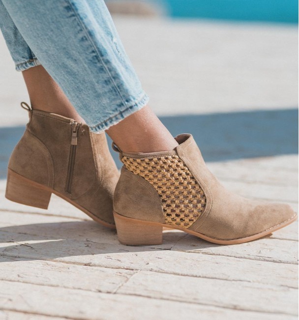 cowboy ankle boots in camel colour and textile material