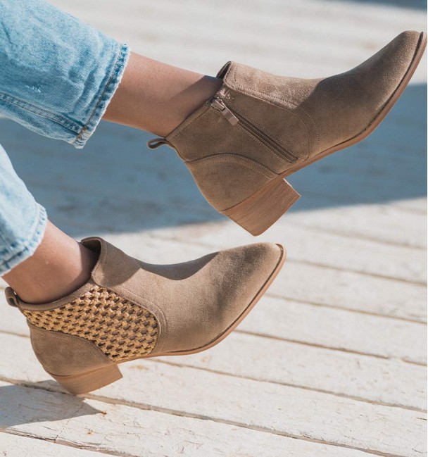 cowboy ankle boots in camel colour and textile material