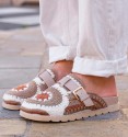 Brown clogs with crochet fabric