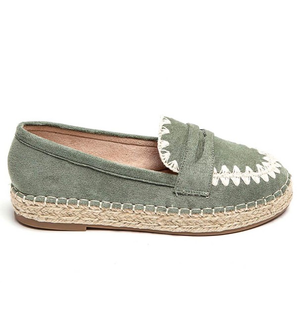 green embroidered and esparto loafers