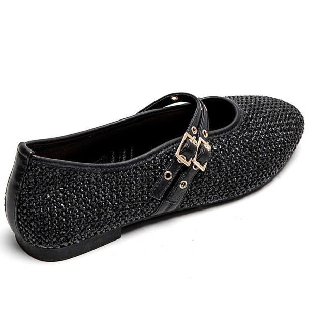 bailarinas negras en tejido rústico con doble hebilla y ojales.