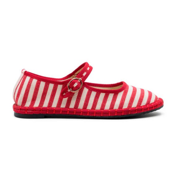 bailarinas de rayas marineras rojas y blancas con cinta y hebilla. Textiles 2