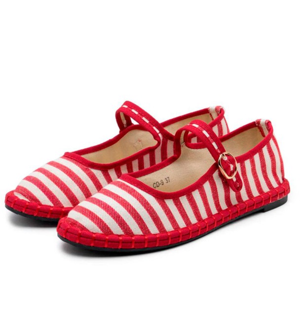 bailarinas de rayas marineras rojas y blancas con cinta y hebilla. Textiles