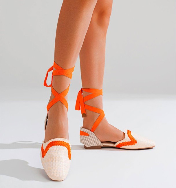 Espadrilles with ankle strap in beige and orange tones. Non-slip rubber sole
