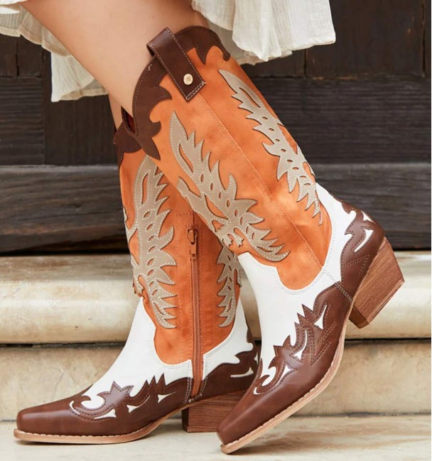 botas cowboy naranjas de mujer con tacón bajo