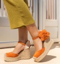 orange espadrilles with wedge and ankle strap with flower ornament
