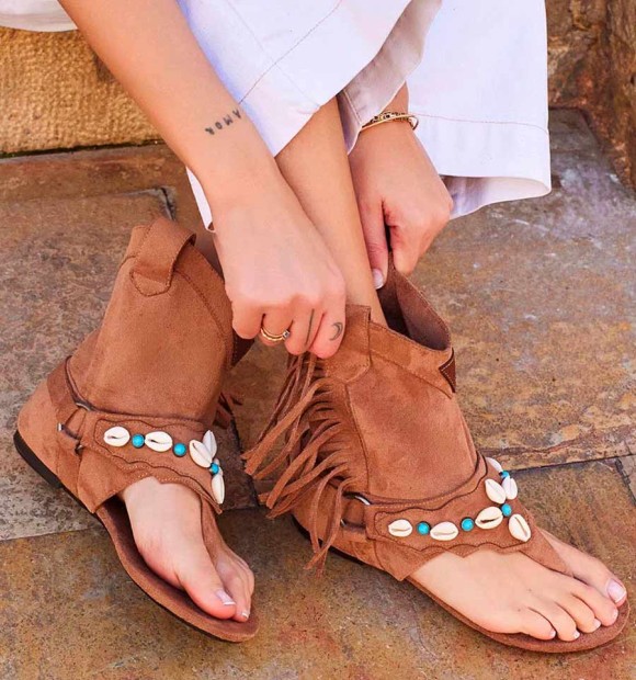 sandálias botas castanhas boho