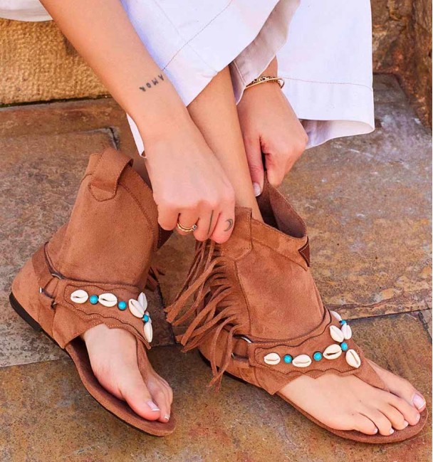 brown boho sandals shells