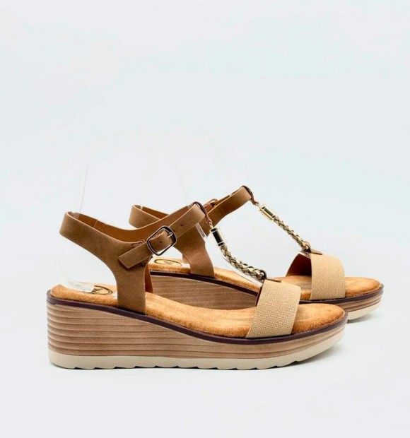 Khaki wedge sandals with golden detail 2