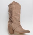 beige boots with lapels, fringes, and heels