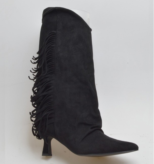 Black boots with lapels, fringes, and...