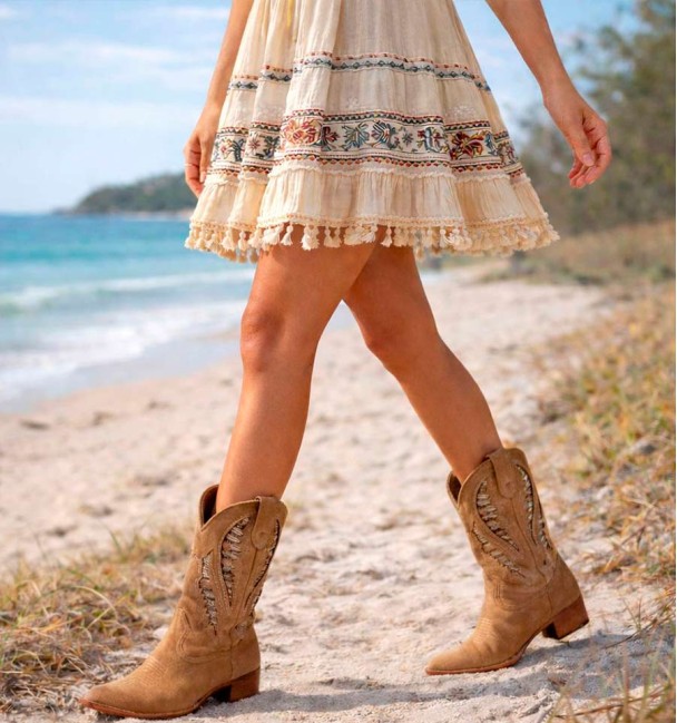 Dark khaki embroidered cowboy boots