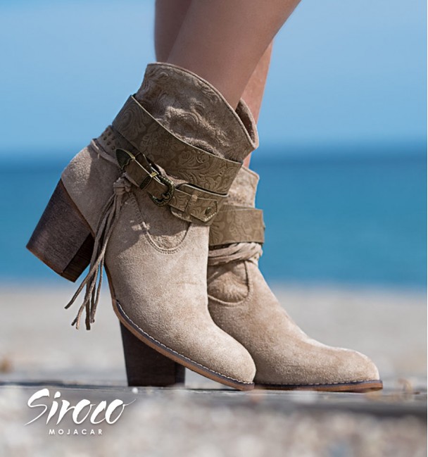 Taupe brown ankle boots with straps, braids and heel for women