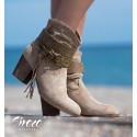 Taupe brown ankle boots with straps, braids and heel for women