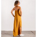 vestido corte asimétrico estilo boho de amarillo mostaza taupe con tirantes