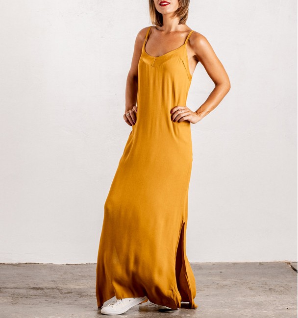 mustard yellow boho dress with open neckline