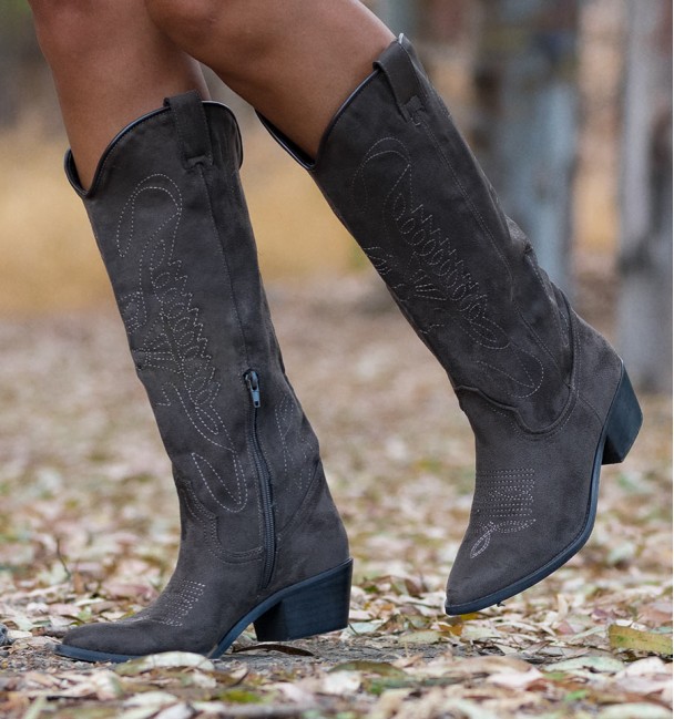 Taupe brown cowboy boots for women with embroidery