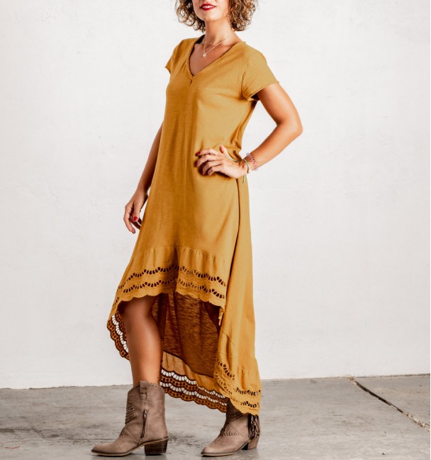 hippie dress with short sleeve and mustard yellow embroidery