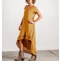 hippie dress with short sleeve and mustard yellow embroidery