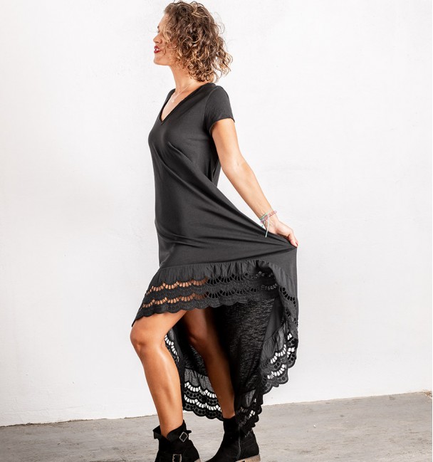 asymmetrical black embroidered boho dress with embroidery