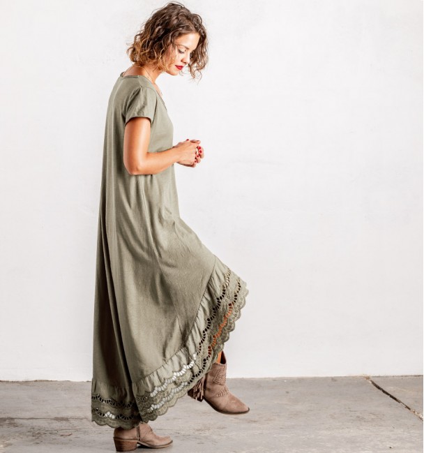 Taupe embroidered gray hippie dress with asymmetric cut