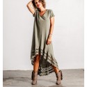 Vestido cinza taupe para mulher, com mangas curtas e bordados