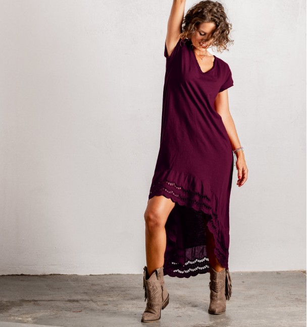 vestido hippie vermelho granada bordado e corte assimétrico