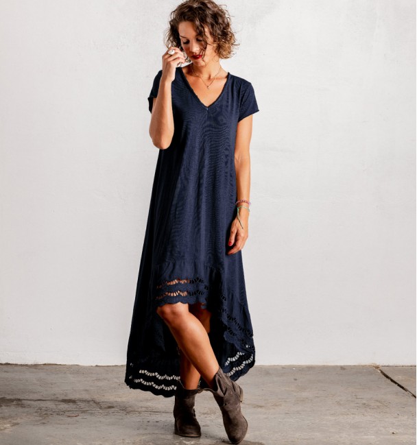 dark blue boho dress with asymmetric cut