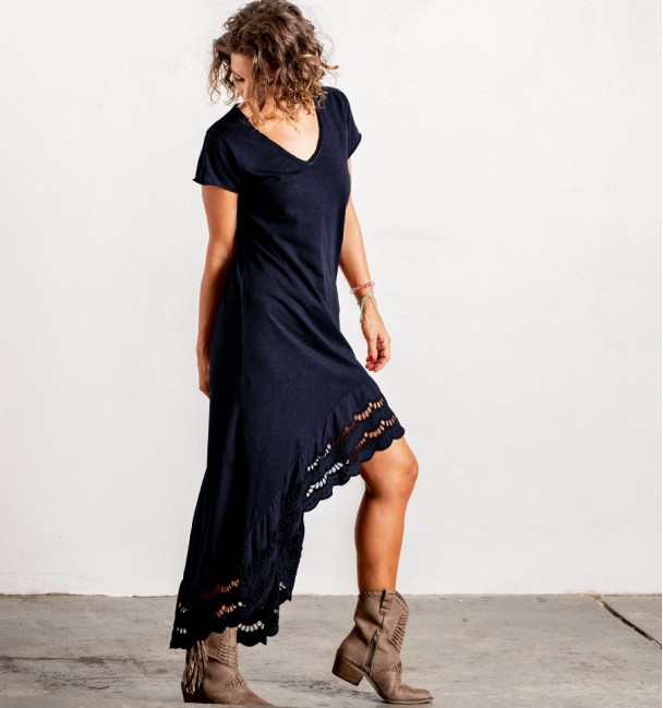 dark blue woman dress with short sleeves and embroidery
