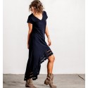 dark blue woman dress with short sleeves and embroidery