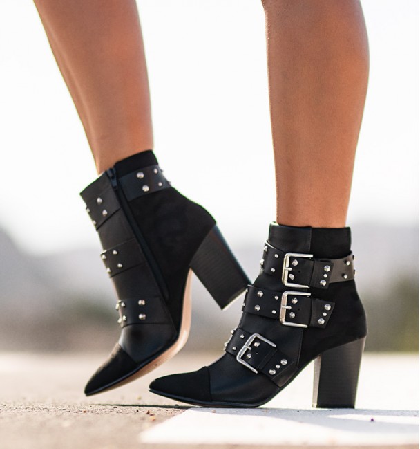 heeled boot with buckles and studs heeled boot with buckles and studs