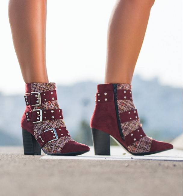 Burgundy red heel boot with heel and studs francesca